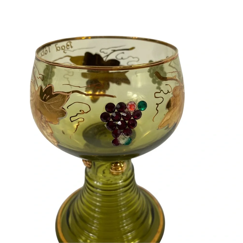 Vintage Germany Gold Olive Green Goblet Etched Encrusted